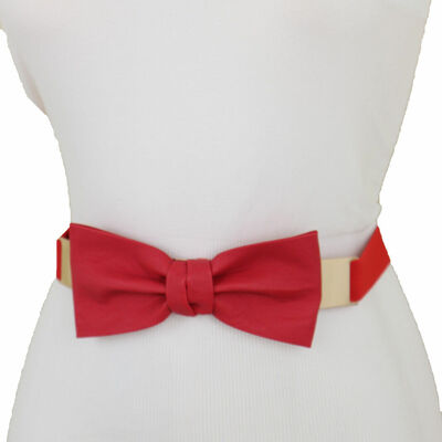 Women belt gold plate stretch red color faux leather strap bow tie ribbon s m