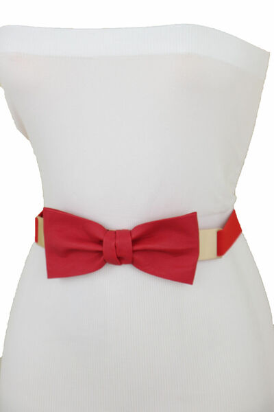 Women Belt Gold Plate Stretch Red Color Faux Leather Strap Bow Tie Ribbon S M