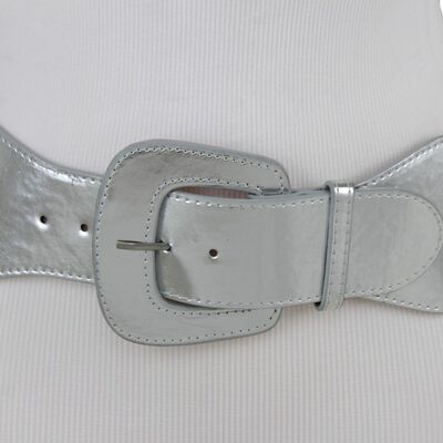 Women silver faux leather wide band elastic cinch belt hip waist size m l xl