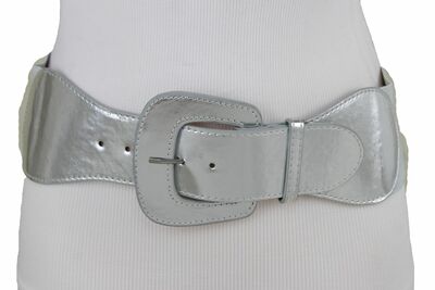 Women Silver Faux Leather Wide Band Elastic Cinch Belt Hip Waist Size M L XL