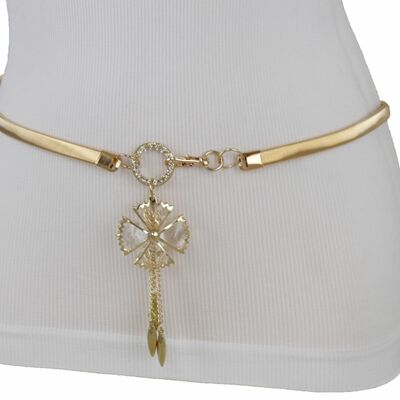 Women belt hip high waist gold narrow elastic metal flower bling buckle s m l