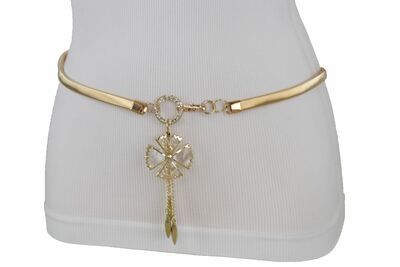 Women Belt Hip High Waist Gold Narrow Elastic Metal Flower Bling Buckle S M L
