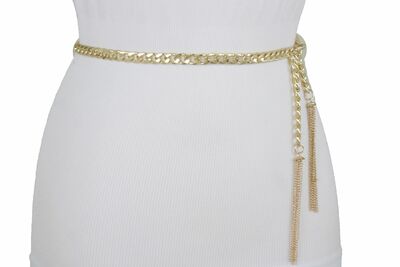 Women Belt Hip Waist Elegant Gold Narrow Metal Chain Tassel Wrap Around M L XL