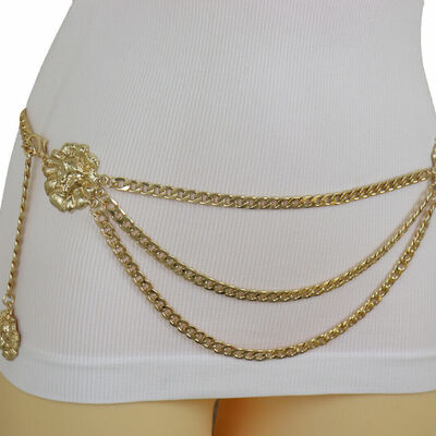 Women belt hip waist gold metal chain side waves lion charm adjustable size s m