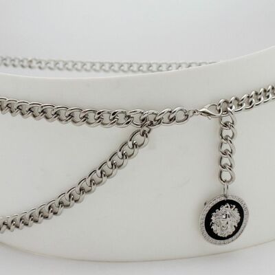 Women belt hip waist skinny strap silver metal chain lion charm buckle xs s m
