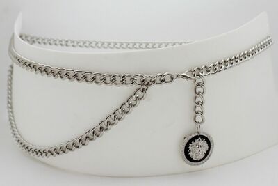 Women Belt Hip Waist Skinny Strap Silver Metal Chain Lion Charm Buckle XS S M