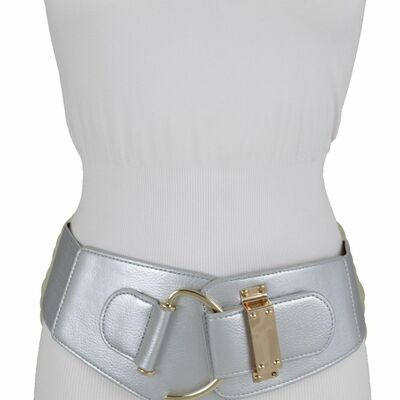 Women belt metallic silver stretch fabric gold hook metal buckle plus l xl xxl