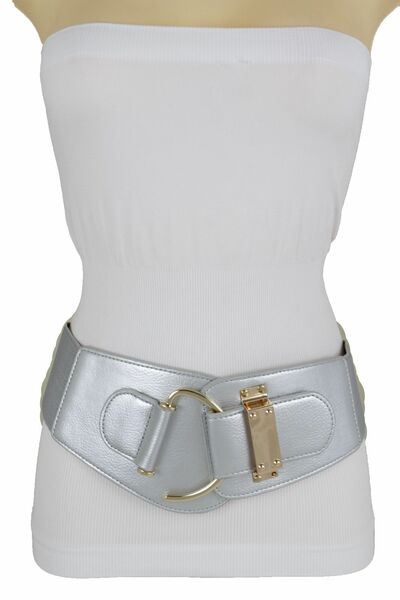 Women Belt Metallic Silver Stretch Fabric Gold Hook Metal Buckle Plus L XL XXL
