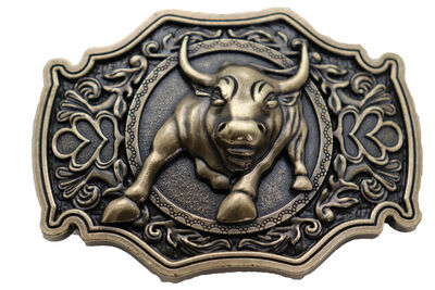 Men Antique Gold Metal Belt Buckle Cowboys Western Bull Rodeo Casual Jeans Pants