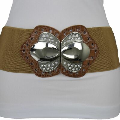 Women belt retro silver metal buckle wide mocha light brown faux leather m l xl