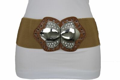 Women Belt Retro Silver Metal Buckle Wide Mocha Light Brown Faux Leather M L XL