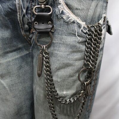 Men antique silver metal wallet chain key chain guns bullets skull charm