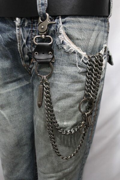Men Antique Silver Metal Wallet Chain Key Chain Guns Bullets Skull Charm
