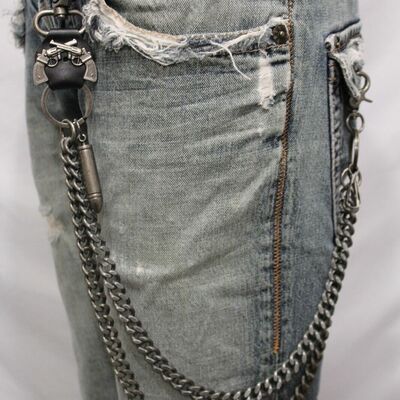 Men antique silver metal wallet chain key chain leather gun bullet skull charm