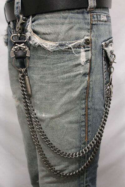 Men Antique Silver Metal Wallet Chain Key Chain Leather Gun Bullet Skull Charm