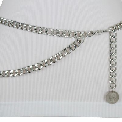 Women belt silver metal chain links money quarter coin charm las vegas m l xl
