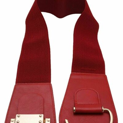 Women belt wonderful red faux leather stretch fabric waistband hook buckle s m