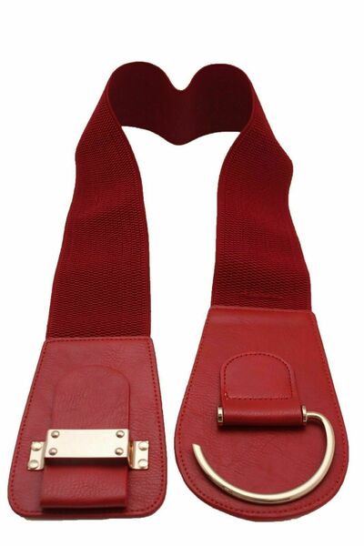 Women Belt Wonderful Red Faux Leather Stretch Fabric Waistband Hook Buckle S M