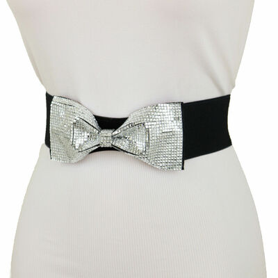 Women big silver bow tie buckle night evening wear belt black elastic band s m l