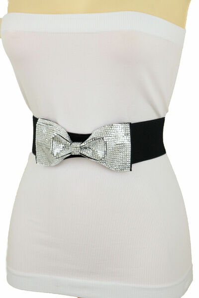 Women Big Silver Bow Tie Buckle Night Evening Wear Belt Black Elastic Band S M L