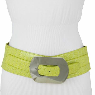Women big silver metal square buckle belt elastic band bright green apple m l