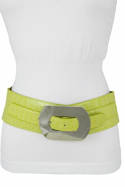 Women Big Silver Metal Square Buckle Belt Elastic Band Bright Green Apple M L