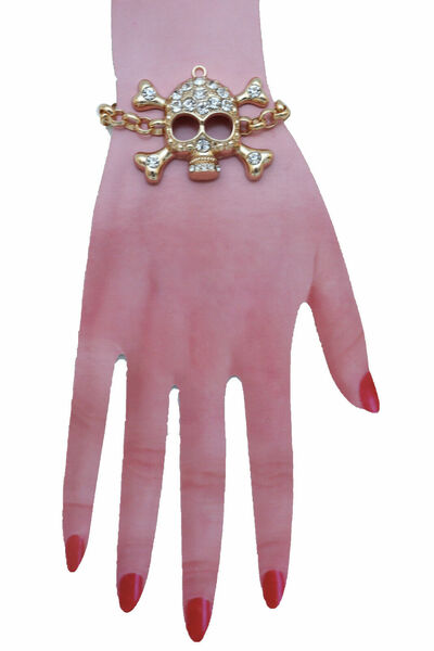 Women Biker Fashion Bracelet Gold Metal Chain Skeleton Skull Charm Motorcycle