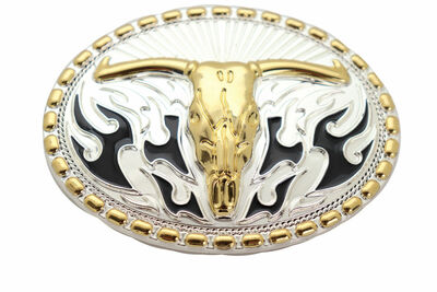 Men Buckle Silver Metal Oval Western Fashion Gold Bull Skull Flaming Fire Texas