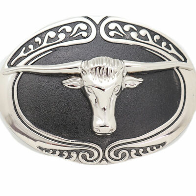 Men bull western cowboy belt buckle silver metal rodeo long horn texas cow black