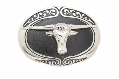 Men Bull Western Cowboy Belt Buckle Silver Metal Rodeo Long Horn Texas Cow Black
