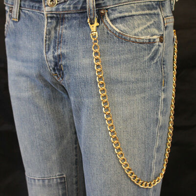 Men long gold metal wallet thick chain keychain biker side strand jeans trucker