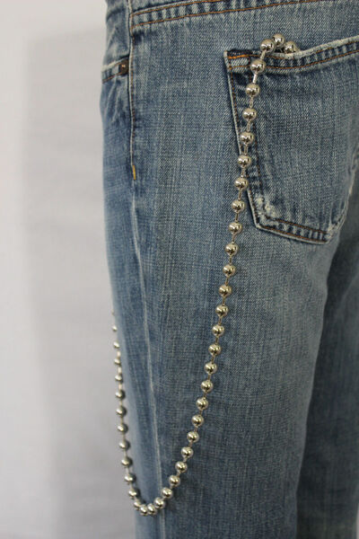 Men Long Silver Metal Ball Charms Wallet Chain Key Chain Biker Trucker Pants