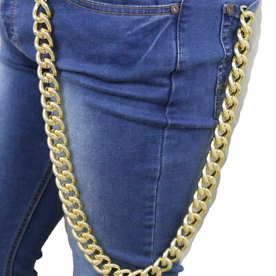 Men metallic gold color long wallet metal chain links jeans strong heavy duty