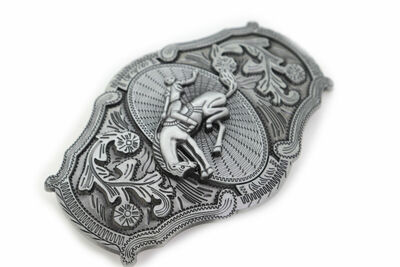 Men Silver Color Metal Western Belt Buckle Rodeo Horse Cowboy Long Shape Casual