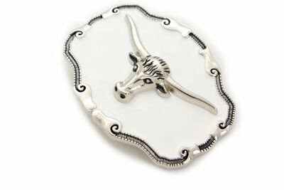 Men Silver Metal Belt Buckle Fashion Texas Long Horn Cow White Rodeo Bull Skull