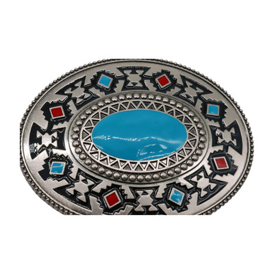 Men silver metal buckle native ethnic aztec look big oval turquoise cowboy style