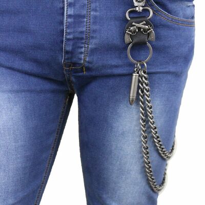 Men silver metal wallet chain keychain skull clasp gangster bullet gun pistols