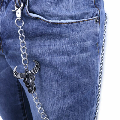 Men silver metal wallet chain keychain strong bull skull charm biker accessory