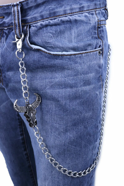 Men Silver Metal Wallet Chain KeyChain Strong Bull Skull Charm Biker Accessory