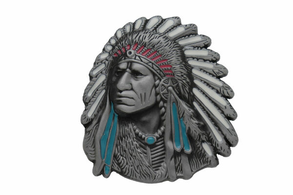 Men Silver Metal Western Fashion Belt Buckle Cowboy Native American Indian Face