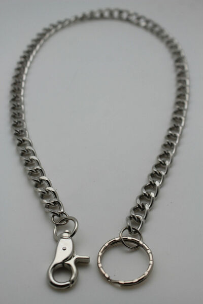 Men Silver Wallet Metal Chain Key Holder Clasp Chunky Jean Biker Rocker Style