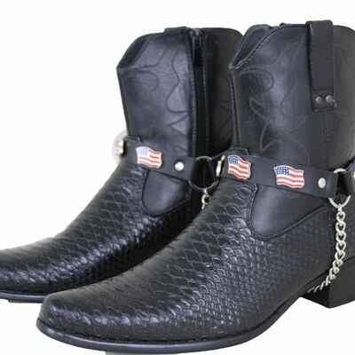 Men usa flag metal chain fashion shoe boots black strap america biker rider band