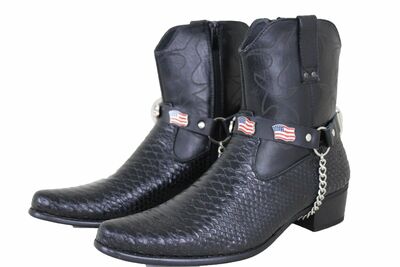 Men USA Flag Metal Chain Fashion Shoe Boots Black Strap America Biker Rider Band