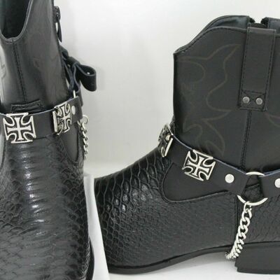 Men western 2 boots straps silver metal chain cross charms motorcycle accessory