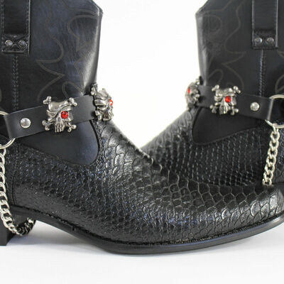 Men western boots bracelets silver chain black pair leather strap pirates skulls