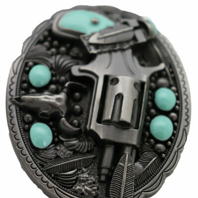 Men western buckle dark silver color metal revolver gun feather bull turquoise 
