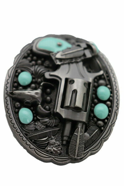 Men Western Buckle Dark Silver Color Metal Revolver Gun Feather Bull Turquoise 