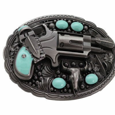 Men western buckle dark silver metal revolver pistol gun feather bull turquoise 