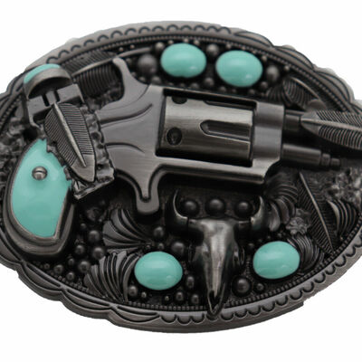 Men western buckle silver metal revolver pistol gun feather bull turquoise blue