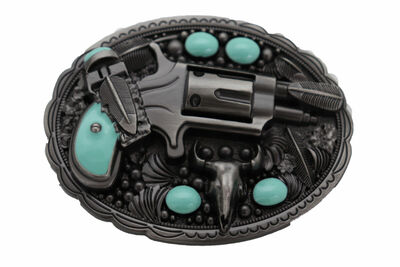 Men Western Buckle Silver Metal Revolver Pistol Gun Feather Bull Turquoise Blue
